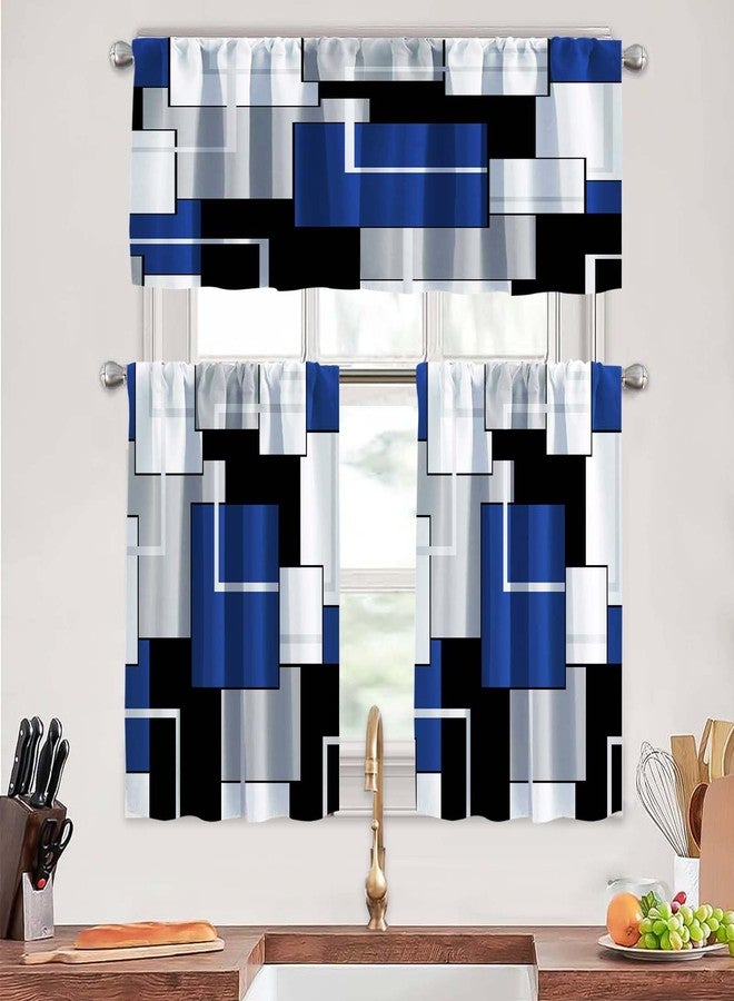 MCALK Navy Blue Kitchen Curtains Tiers and Valances Set for Windows, Geometric Modern Art Kitchen Window Curtains, Grey and Black Valances for Living Room (36" Tiers Set) - Image 1